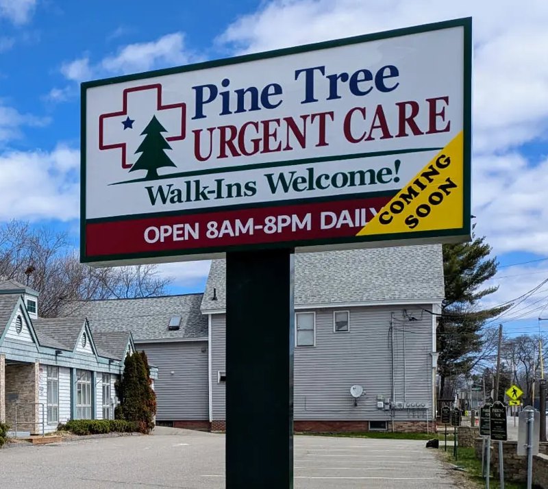 Pine Tree Urgent Care sign and clinic in Bangor, Maine